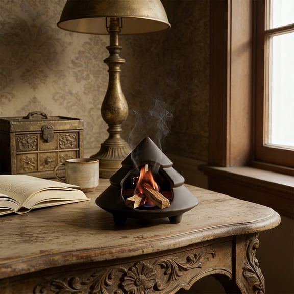 Handcrafted Ceramic Incense Censer Ash Catcher with Chimney, Brown Palo Wood Stick & Cone Holder, 4.5 in Decorative Home Room Desktop Decor