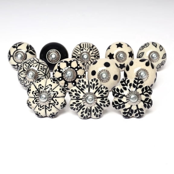 NATRIEL Black and White Handcrafted Ceramic Knobs, Hand Painted Abstract Design, Round and Melon Shaped, Set of 12