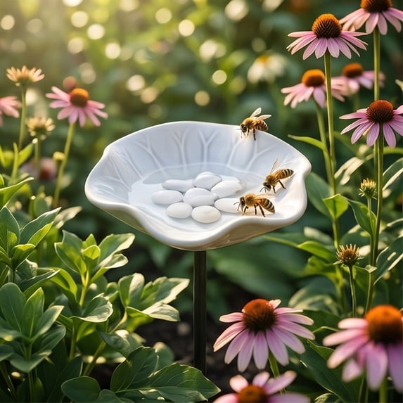 Handcrafted Ceramic Mini Pollinator Water Station, Colorful Floral Bee Feeder Butterfly Bath, Small Garden Stake Yard Outdoor Decor
