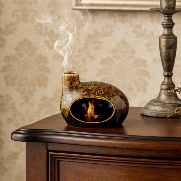 Handcrafted Ceramic Palo Incense Censer with Chimney Ash Catcher for Incense Sticks Cones Portable Incense Holder Home Room Office Desktop Decor,Yellow