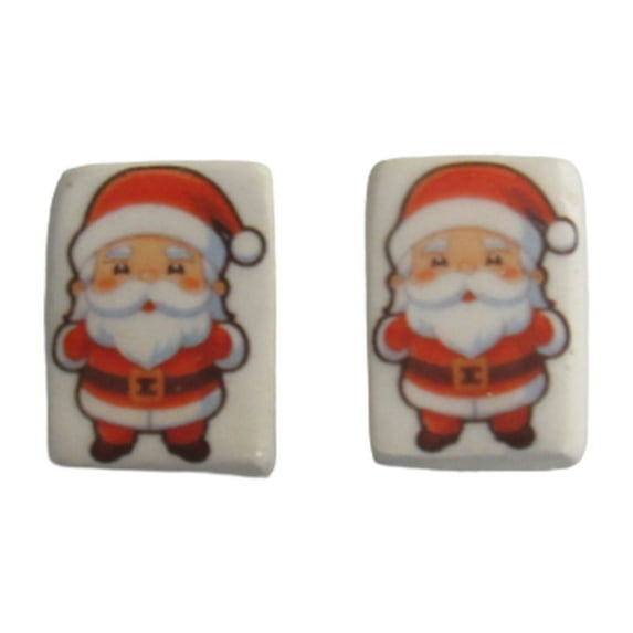 Handcrafted Ceramic Post Earrings with Santa on white rectangles