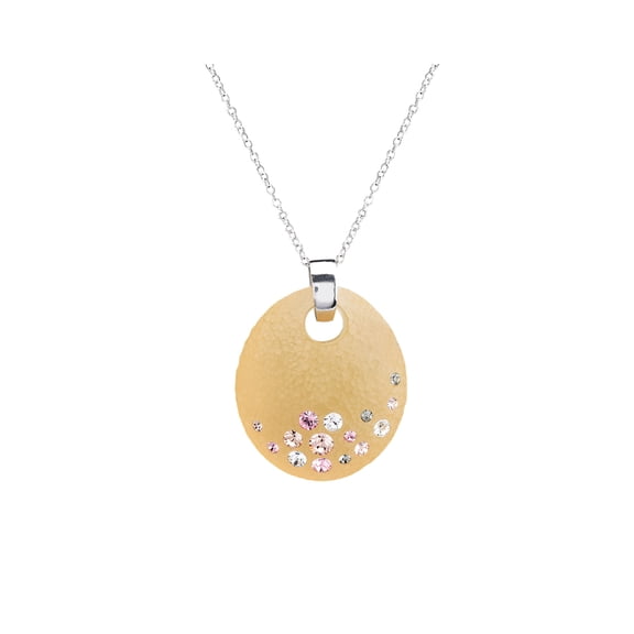 Handcrafted Champagne Gold Lucite Disk Pendant Necklace with Colorful Crystals on a Silver Chain