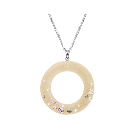Handcrafted Champagne Lucite Open Circle Disk Pendant with Colorful Confetti Crystals on a Silver Chain