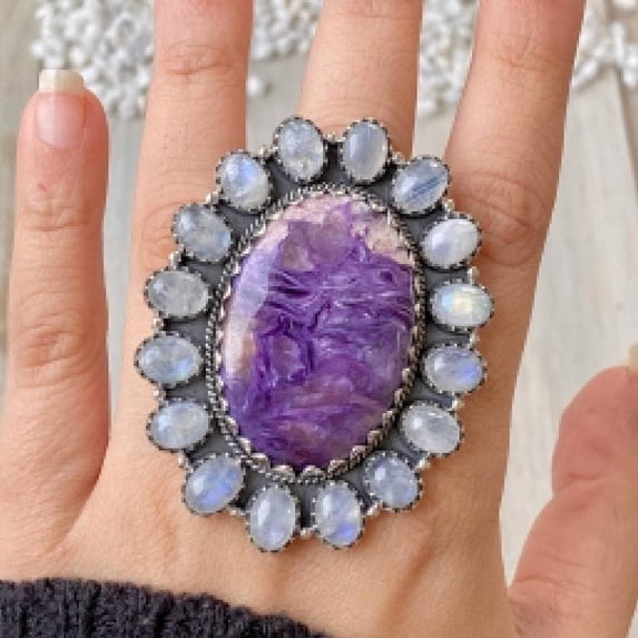 Handcrafted Charoite And Moonstone Statement Ring. made In 925 Sterling Silver. Boho Ring, Two Stone Ring, Boho Jewelry, Gift For Her,.....