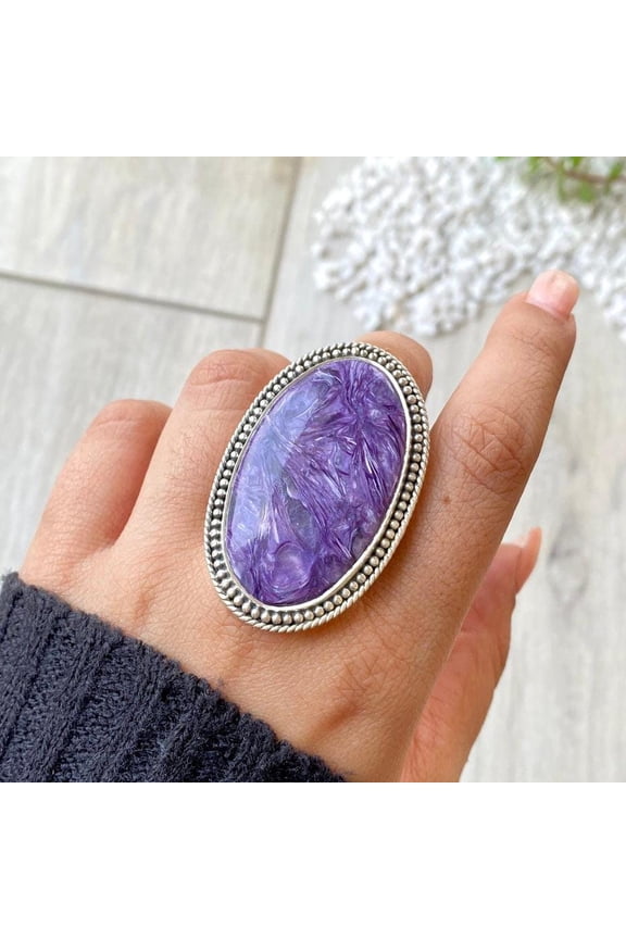 Handcrafted Charoite Gemstone Ring, Statement Ring. made In 925 Sterling Silver. Boho Ring, Stone Ring, Boho Jewelry, Gift For Her,.....