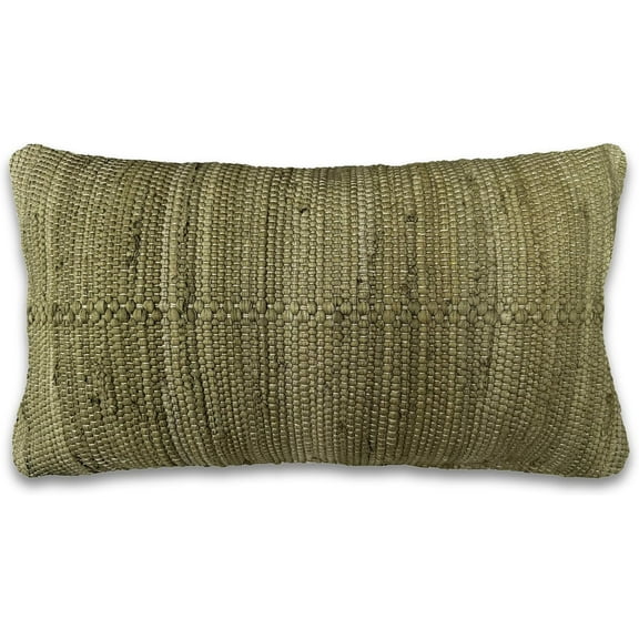 PILLOWPIA Chindi Handwoven Lumbar Pillow Cover, 14" x 24", Cotton with Brass Zipper- Moss