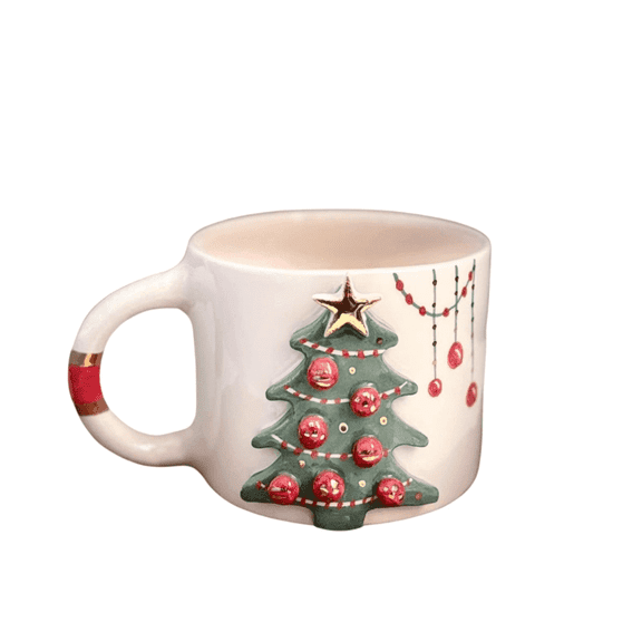 10 oz / 300 ml Handcrafted Christmas Tree Ceramic Mug With Gold Detailing & Festive Accents | Gift for Women, Mother, Girl, Mom, Mothers Day or Christmas