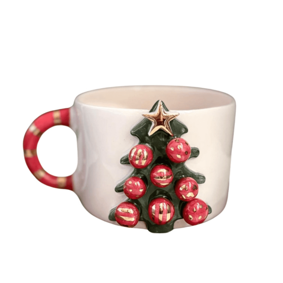 10 oz / 300 ml Handcrafted Christmas Tree Ceramic Mug With 24K Real Gold Detailing & Festive Ornaments | Gift for Women, Mother, Girl, Mom, Mothers Day or Christmas