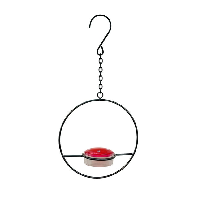 Handcrafted Circular Hanging Metal Hummingbird Feeder with Red Bowl for