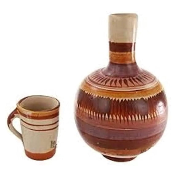 Handcrafted Clay Water Jug & 16 oz Cup Set 4 Quart Capacity, Traditional Mexican Pottery, Rustic Beverage Dispenser