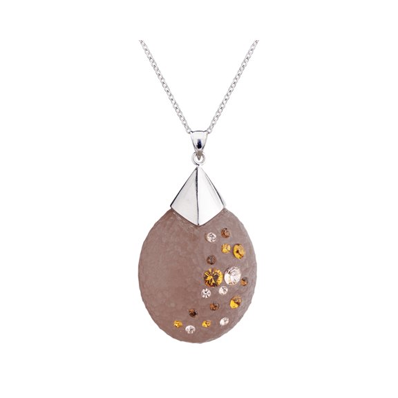 Handcrafted Cocoa Brown Lucite Disk Pendant Necklace with Colorful Crystals on a Silver Chain