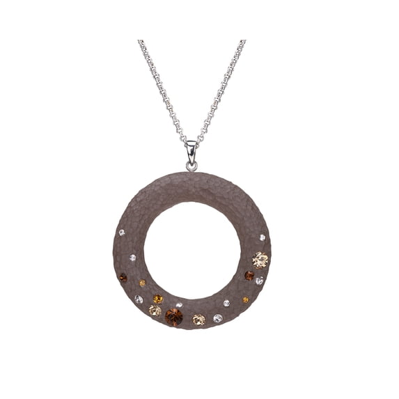 Handcrafted Cocoa Brown Lucite Open Circle Disk Pendant with Confetti Crystals on a Silver Chain