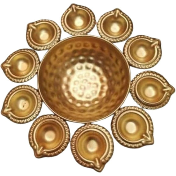 Handcrafted Copper Diya Shape Flower Decorative Urli Bowl for Floating Tea Light Candles Gift, Medium