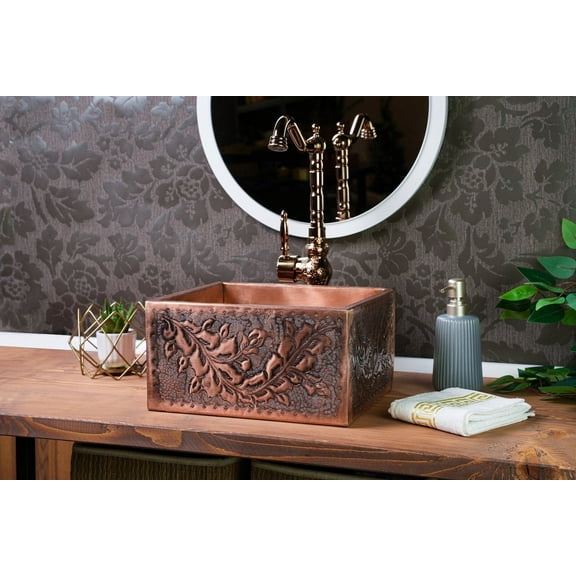 Handmade Embossed Copper Bathroom Sink | Rectangular Vessel, 35" x 25" x 15"
