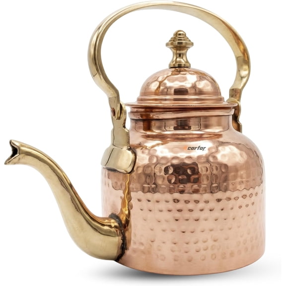 Handcrafted Copper Tea Kettle with Lid & Brass Handle | Hammered Teapot for Boiling Water, Tea & Coffee | Traditional Ayurvedic Copper Vessel (Medium)