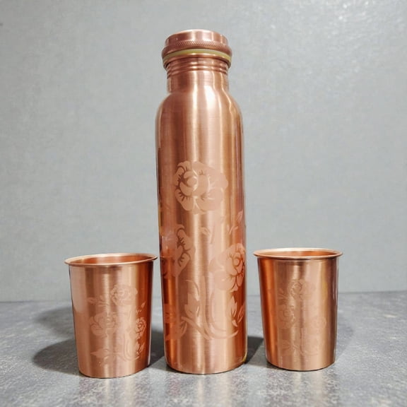 Handcrafted Copper Water Bottle and Tumbler Gift Set with Rose Floral Engraving Elegant Design for Health, Hydration, and Luxury Gifting