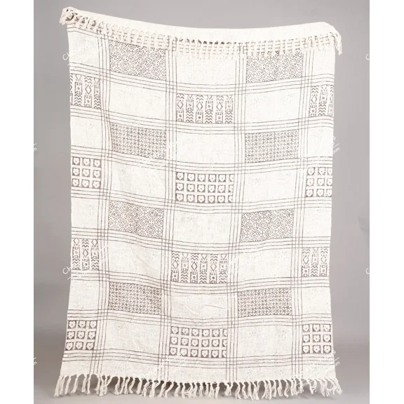 Hand Loom Hand Block Printed Bed Runner Boho Cotton Fringed Blanket Beach Throw, Indian Handmade Soft Cotton Throws Blankets, Gift for her