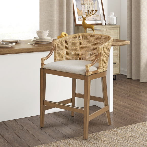 Handcrafted Counter Stool 25" - Natural Display, Linen Covered Relaxing Place, Solid Wood Leg Assembly, Antique Bronze H Crafted By Hand Feature, Padded Seat, Strong Legs, Touch