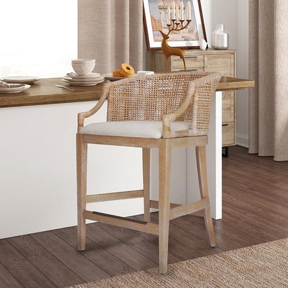Handcrafted Counter Stool With Natural Back And Antique Bronze Kick Plate For A Chic Look Stylish Solid Wood Legs Foam Filled Cushion Maximum Comfort