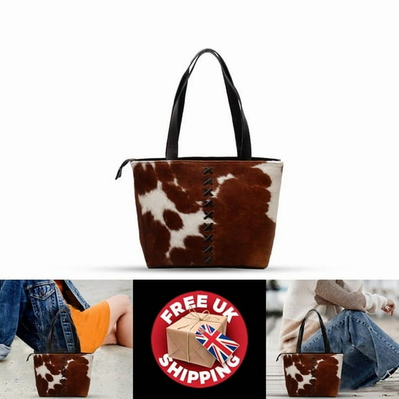 Handcrafted Cowhide Leather Shoulder Bag – Light Brown & White Hair-on Tote for Everyday Fashion