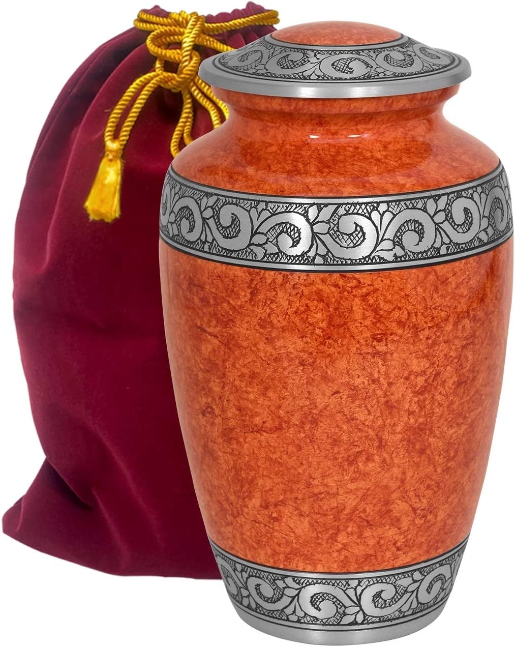 Elegant Hand-Engraved Orange Cremation Urn for Human Ashes | Large Capacity Metal Funeral Urn (200 lbs) | Decorative Silver Band Memorial