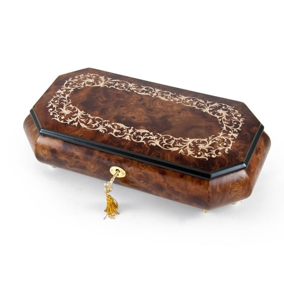 Handcrafted Cut-Corner Music Box With Arabesque Wood Inlay Design - Tara's Theme