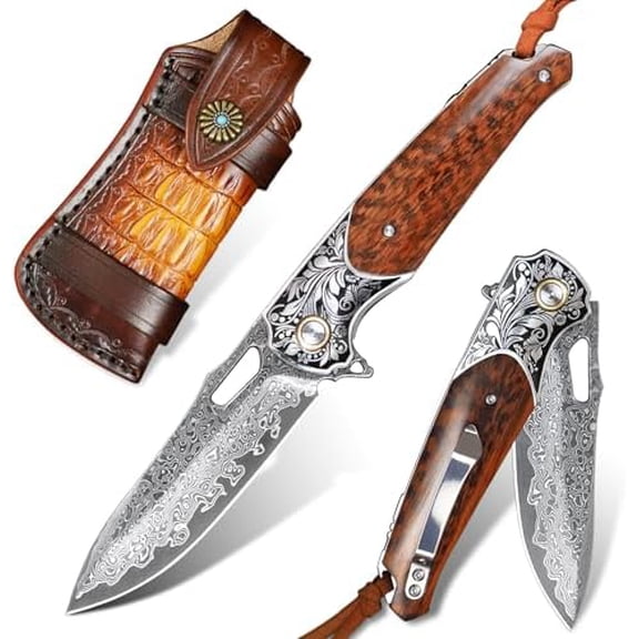 Handcrafted Damascus Steel Folding Pocket KnifeMen's and Women's Pocket KnifeIncludes leather sheath and pocket clipCarve petal patternsWooden handleFor outdoor camping, hiking, and EDC knives