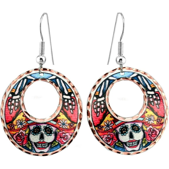 FRONT LINE JEWELRY Day of the Dead Earrings for Women, Calaveras Dia de los Muertos Sugar Skull Hoop Earrings, Copper Handcrafted Skull Jewelry (SkullHoop)