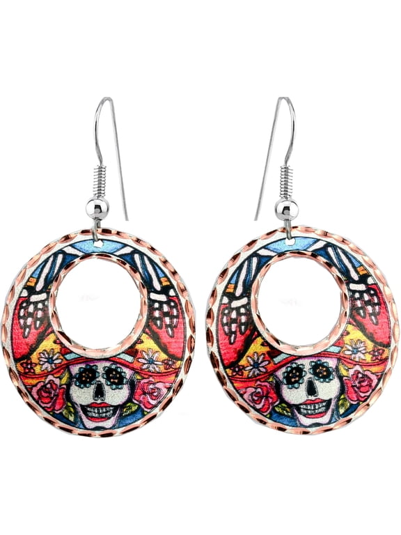 Day of the Dead Earrings for Women, Calaveras Dia de los Muertos Sugar Skull Hoop Earrings, Copper Handcrafted Skull Jewelry (SkullHoop)