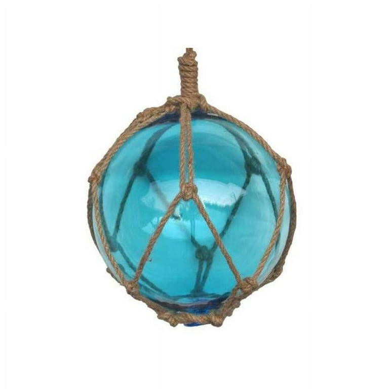 Handcrafted Decor 8 Light Blue Glass - Old Light Blue Japanese Glass Ball  Fishing Float with Brown Netting Decoration, 8 in. 