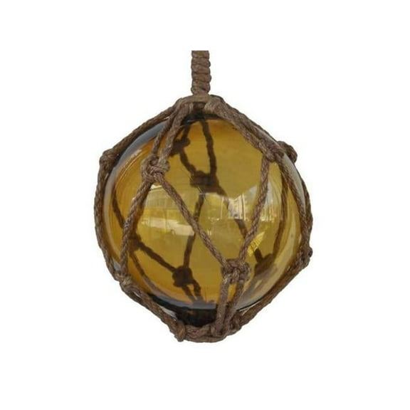 Handcrafted Decor 6 Amber Glass - Old Amber Japanese Glass Ball Fishing Float with Brown Netting Decoration- 6 in.