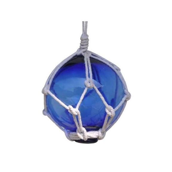 Handcrafted Decor 3 Blue Glass - NEW Blue Japanese Glass Ball Fishing Float with White Netting Decoration, 3 in.