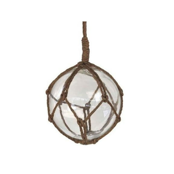 Handcrafted Decor 6 Clear Glass - Old Clear Japanese Glass Ball Fishing Float with Brown Netting Decoration- 6 in.