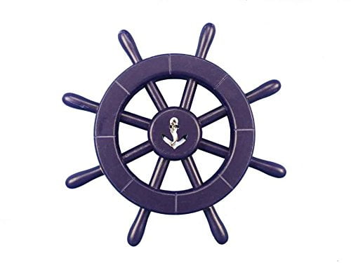 Dark Blue Wooden Ship Wheel with Anchor 12" Nautical Decor