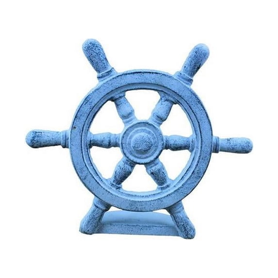 Handcrafted Decor K-013-dark blue Dark Blue Whitewashed Cast Iron Ship Wheel Door Stopper, 9 in.