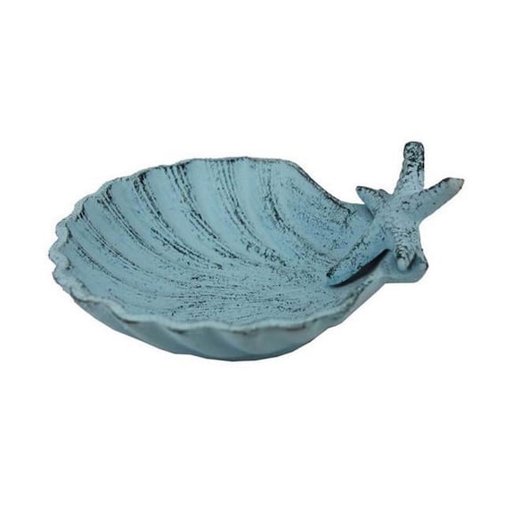Handcrafted Decor K-019-dark blue Dark Blue Whitewashed Cast Iron Shell with Starfish Decorative Bowl, 6 in.