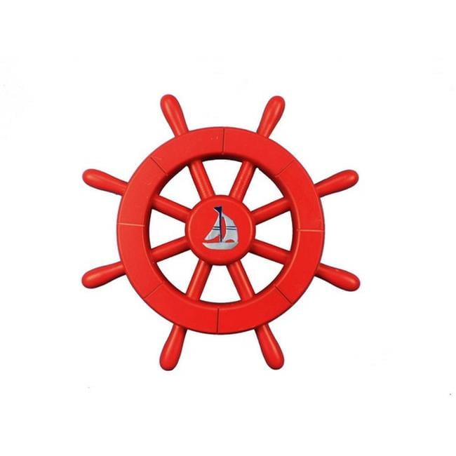 Red Decorative Nautical Ship Wheel with Sailboat Design, 12 inches