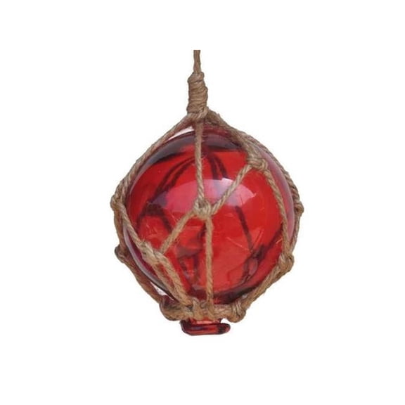 Handcrafted Decor 3 Red Glass - Old Red Japanese Glass Ball Fishing Float with Brown Netting Decoration, 3 in.