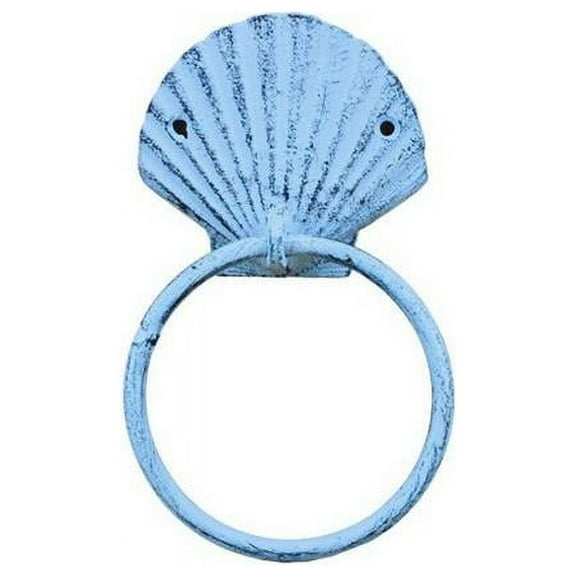 Handcrafted Decor Rustic Dark Blue Whitewashed Cast Iron Seashell Towel Holder- 8.5 in.