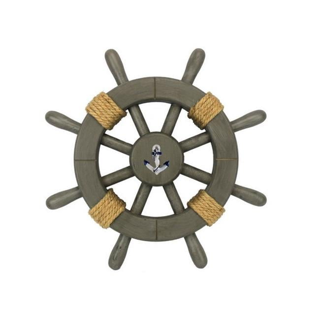 Rustic Gray Wooden Ship Wheel with White Anchor, 12-inch