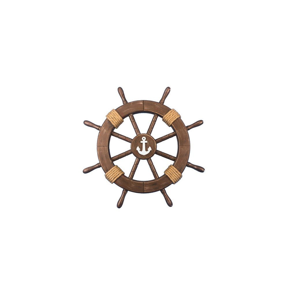 Rustic Brown Wood Ship Wheel with White Anchor 18" Nautical Decor