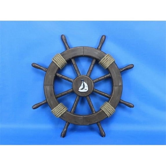 Handcrafted Decor Rustic-Wood-SW-Sailboat-18 Rustic Wood Finish Decorative Ship Wheel with Sailboat- 18 in.