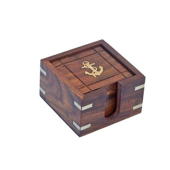 Handcrafted Decor WN-0129 Wooden Anchor Coasters with Rosewood Holder- 3 in. - Set of 6
