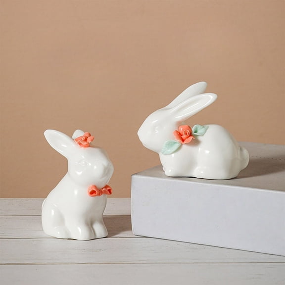 Handcrafted Decorative Figurine, Ceramic Bunny Figurines With Handc Ra Fted Flowers, Bunny Figurine, Rabbit Statue, Easter Decor.