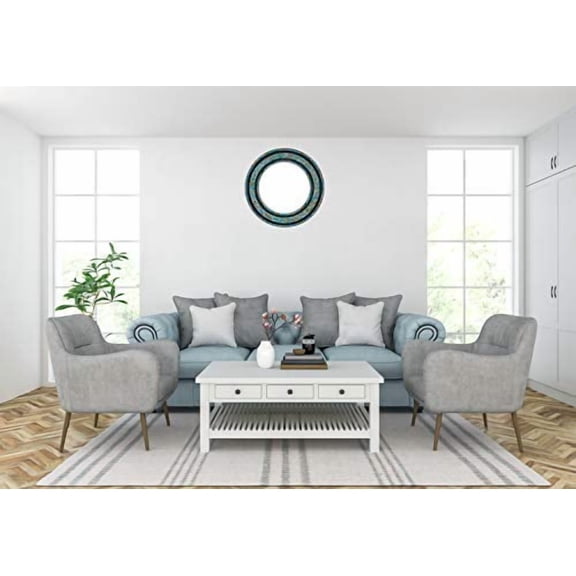 Handcrafted Decorative Wall Mirror, 24in Turquoise Mosaic, Coffee Brown, Green, Round, for Hallway, Bedroom, Bathroom, Living Room