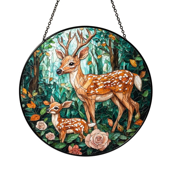 Handcrafted Deer and Fawn Stained Glass Window Art, Tranquil Forest Scene Decor, Ideal Gift for Wildlife Lovers