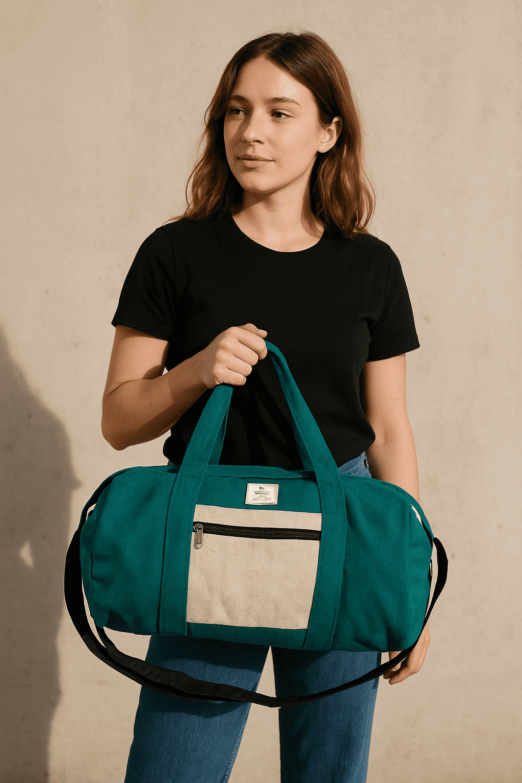 Handcrafted Duffle Bag perfect for travel, gym sessions, with metal zippers - Turquoise