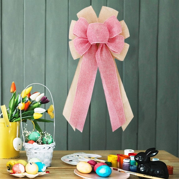 Handcrafted Easter Bow with Faux Linen Ribbon - Festive Decorative Bow Accessory, Perfect for Easter Wreath, Door Hanging, Gift Wrapping, Home Decor & Spring Holiday Celebration, 9*18in, Pink