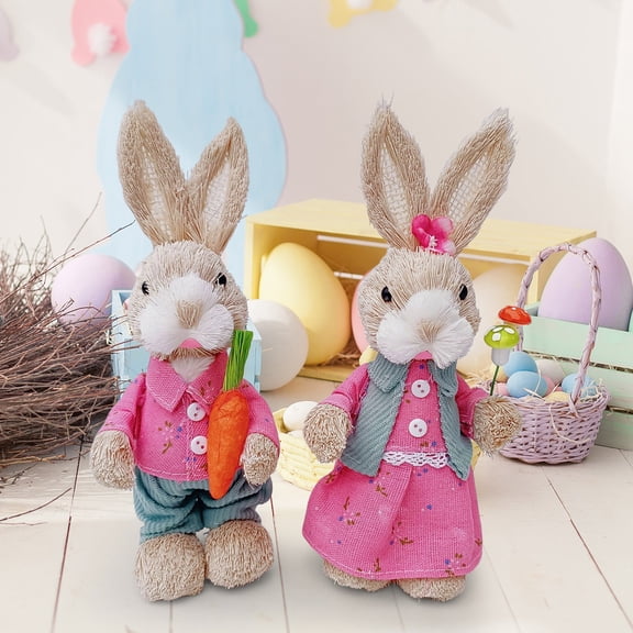 Handcrafted Easter Bunny Couple Figurine Home Decor, Standing Straw Rabbit Statues for Tabletop, Living Room, Garden & Spring Easter Holiday Gift Decoration