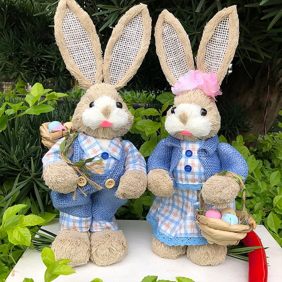 Handcrafted Easter Bunny Couple Figurine Home Decor, Standing Straw Rabbit Statues for Tabletop, Living Room, Garden & Spring Easter Holiday Gift Decoration